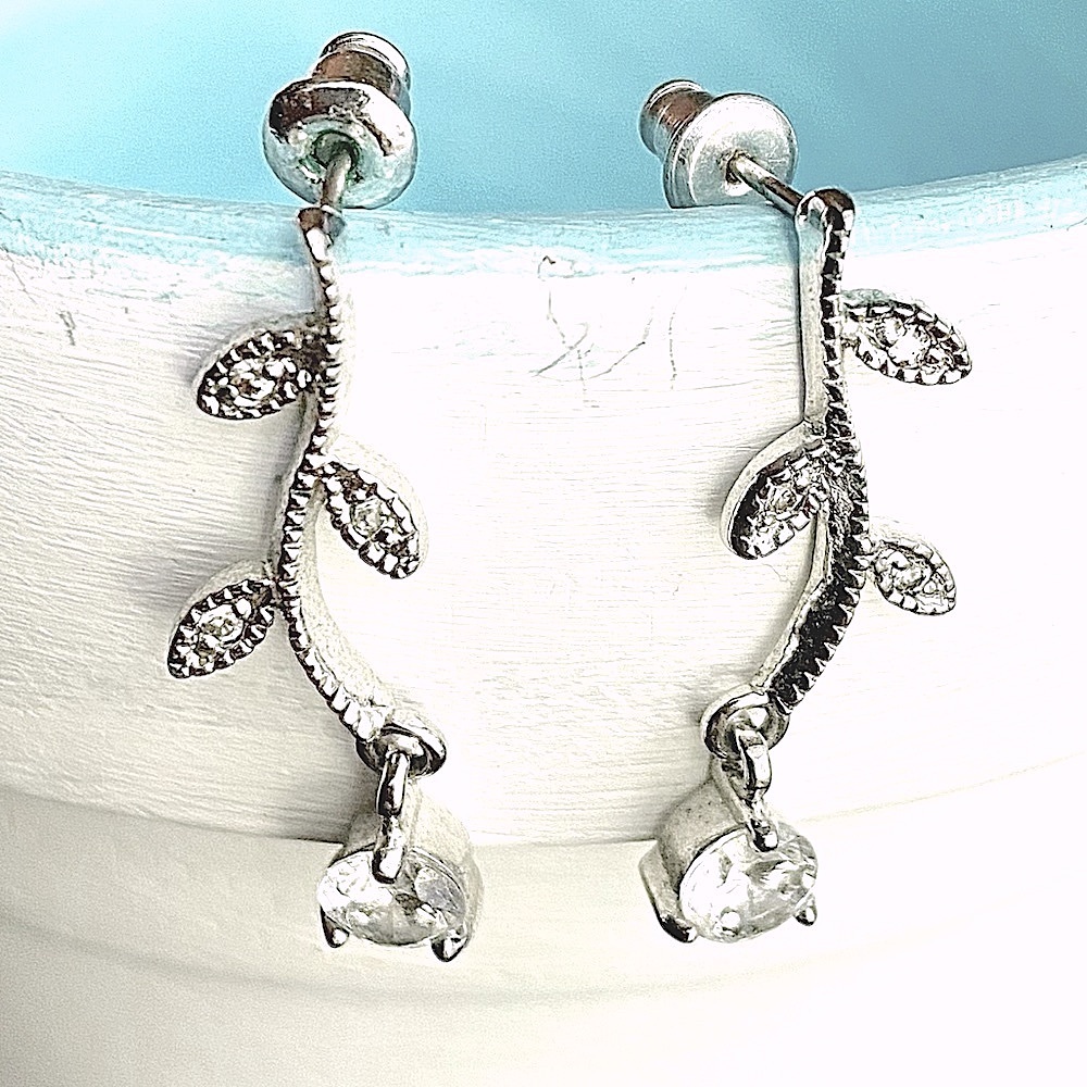 Silver and Crystal Leaf Design Earrings